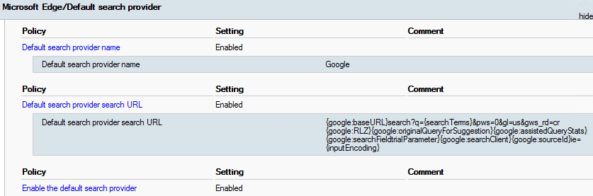 Group Policy showing Default search provider for Microsoft Edge